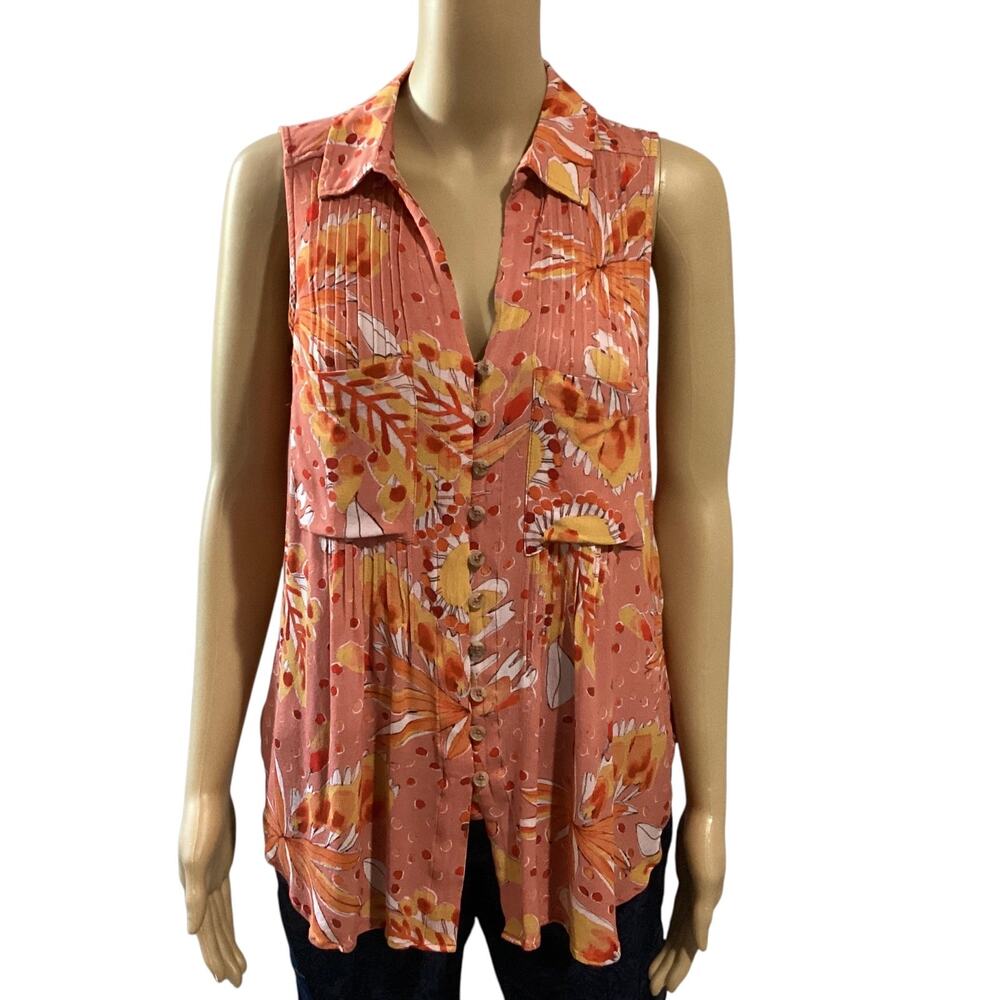 Vera for Anthropologie Floral Buttondown Tank Blouse Orange Pink Pleated sz M